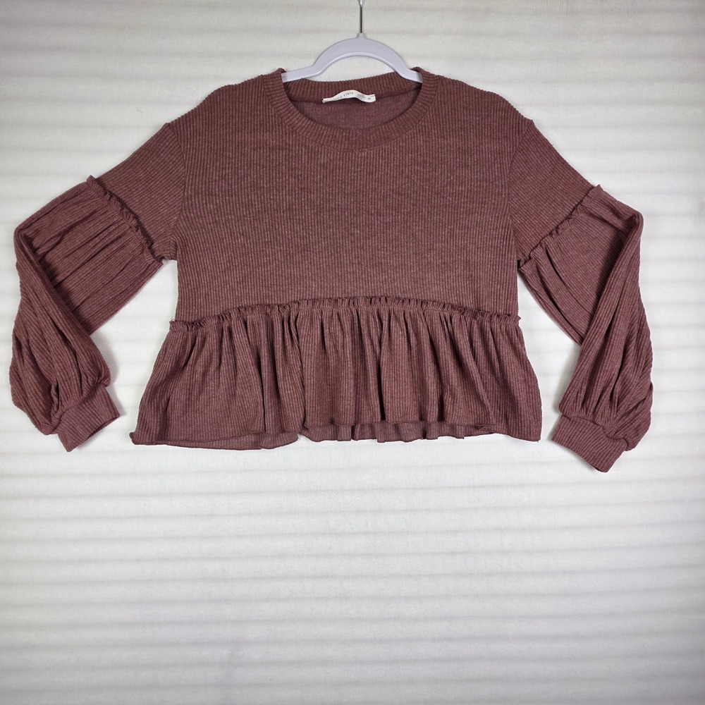Altar'd State Top Womens Medium Mauve Ribbed Peplum Balloon Sleeve Cottagecore